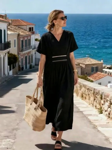 Women's V-Neck Pleated Short-Sleeved Dress