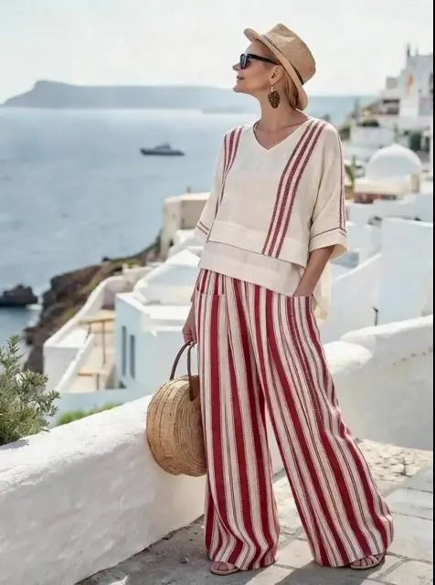 Women'S Casual V-Neck Printed Wide-Leg Pants Set