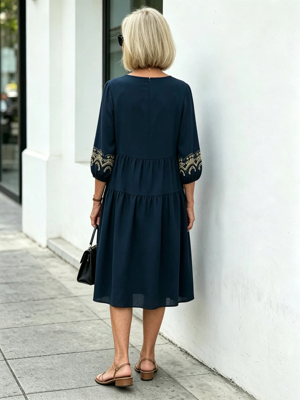 Navy Blue Tiered Midi Dress, Gold Embroidered 3/4 Sleeve Round Neck Loose Tummy Concealing Elegant Dress