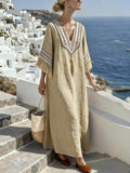 Women'S Casual Color-Block Cotton And Linen Dress