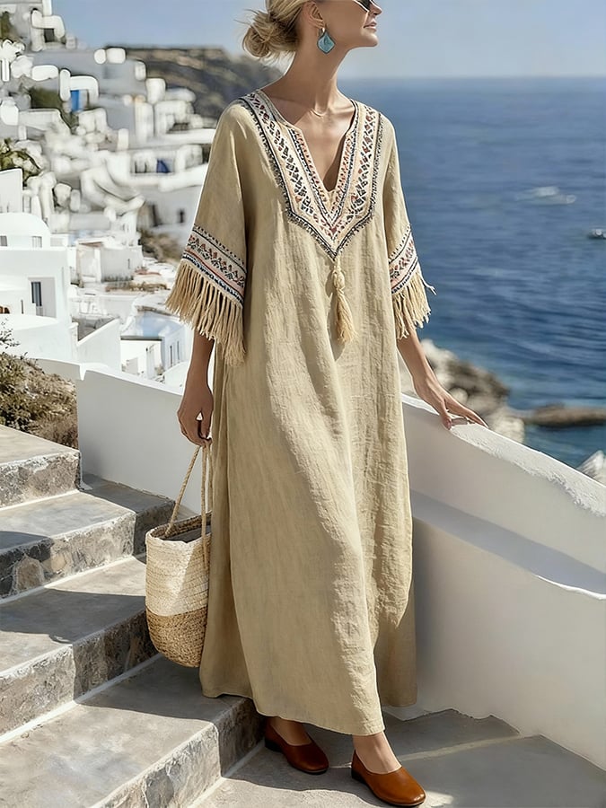 Women'S Casual Color-Block Cotton And Linen Dress