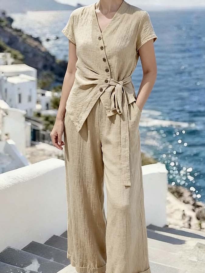 Women'S Casual Solid-Color Shirt And Button-Up Pants Set