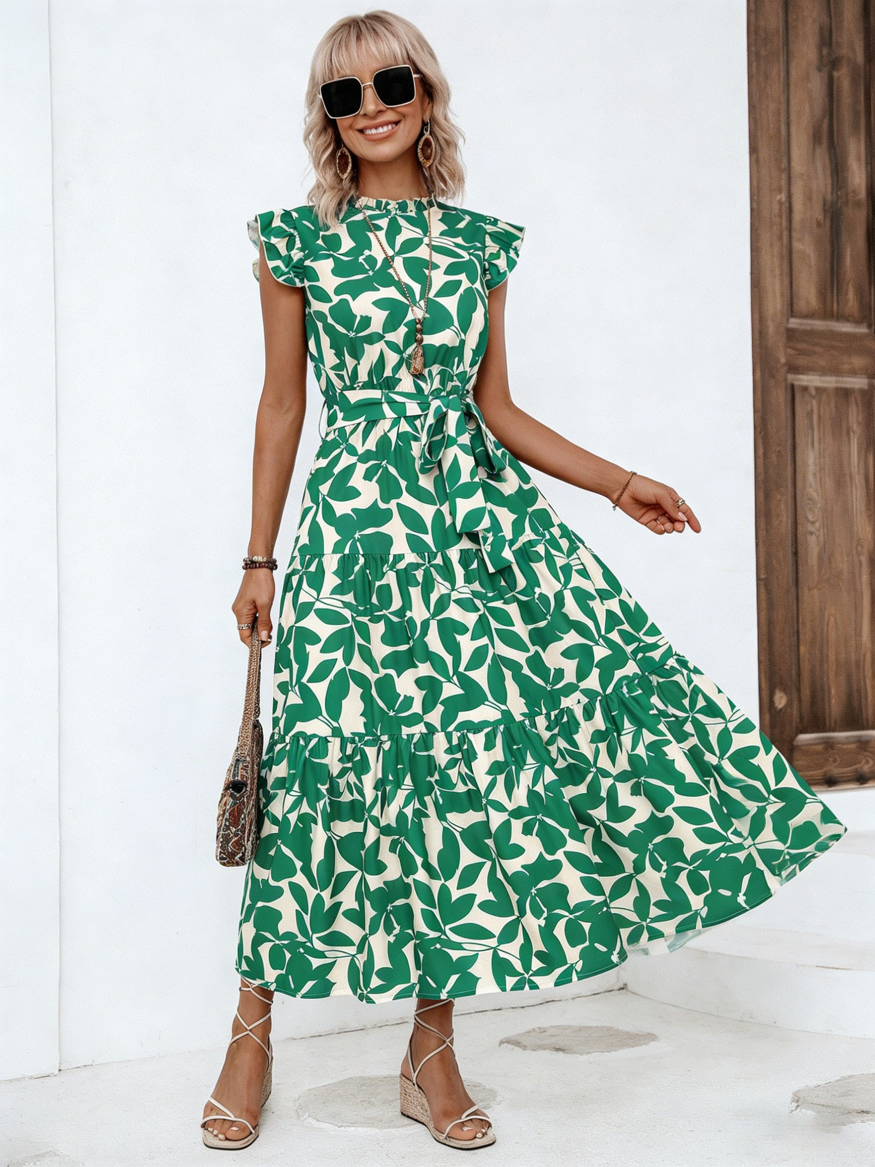 Vacation Fashion Fungus Edge Flying Sleeves Lace-Up Printed  Dress