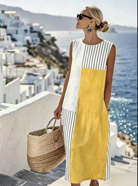 Women'S Round Neck Sleeveless Color-Block Printed Dress
