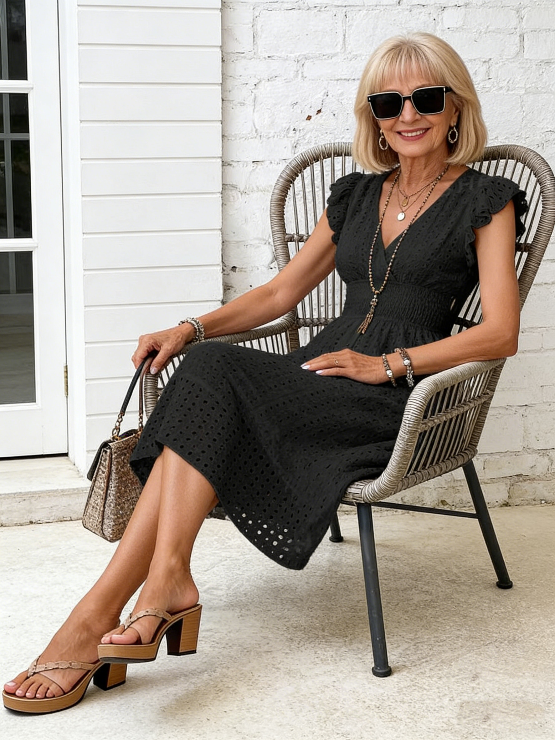 Cotton Lotus Leaf Sleeves Elegant and Thin V-neck Women's Fashion Hollow Dress