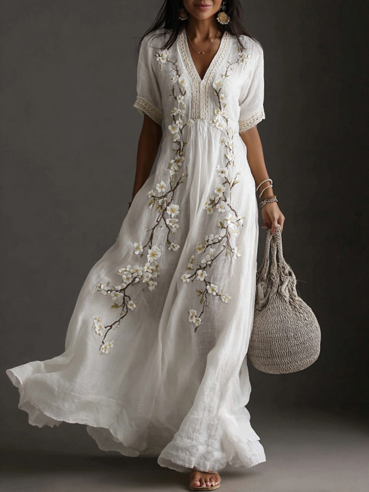 Japanese Plum Blossom Art Embroidered Casual Linen Maxi Dress