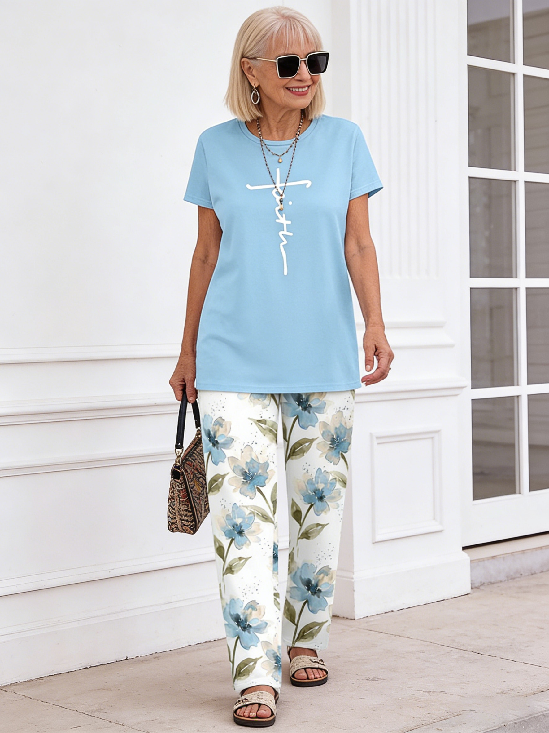2Pcs Crew Neck Short Sleeve Casual Striped Printed Wide Leg Pants Two-piece Trousers Set