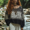 Bohemian Holiday Style Vintage Embroidered Print Casual Long-sleeved Top