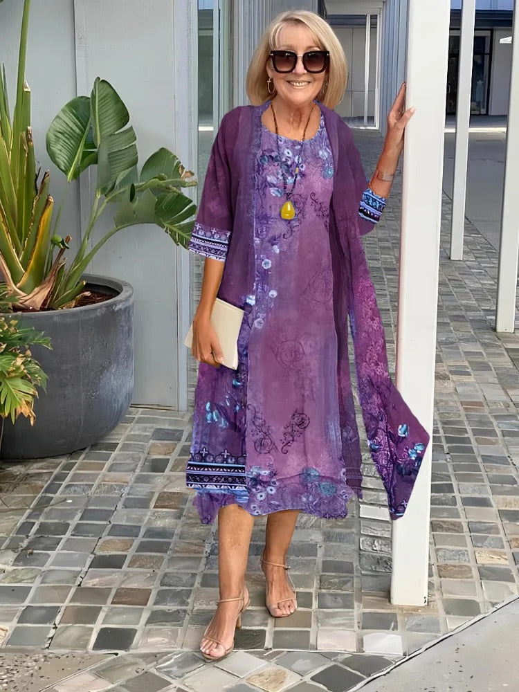 3/4 Sleeve Printing Coat & Dress Two-Piece Suit