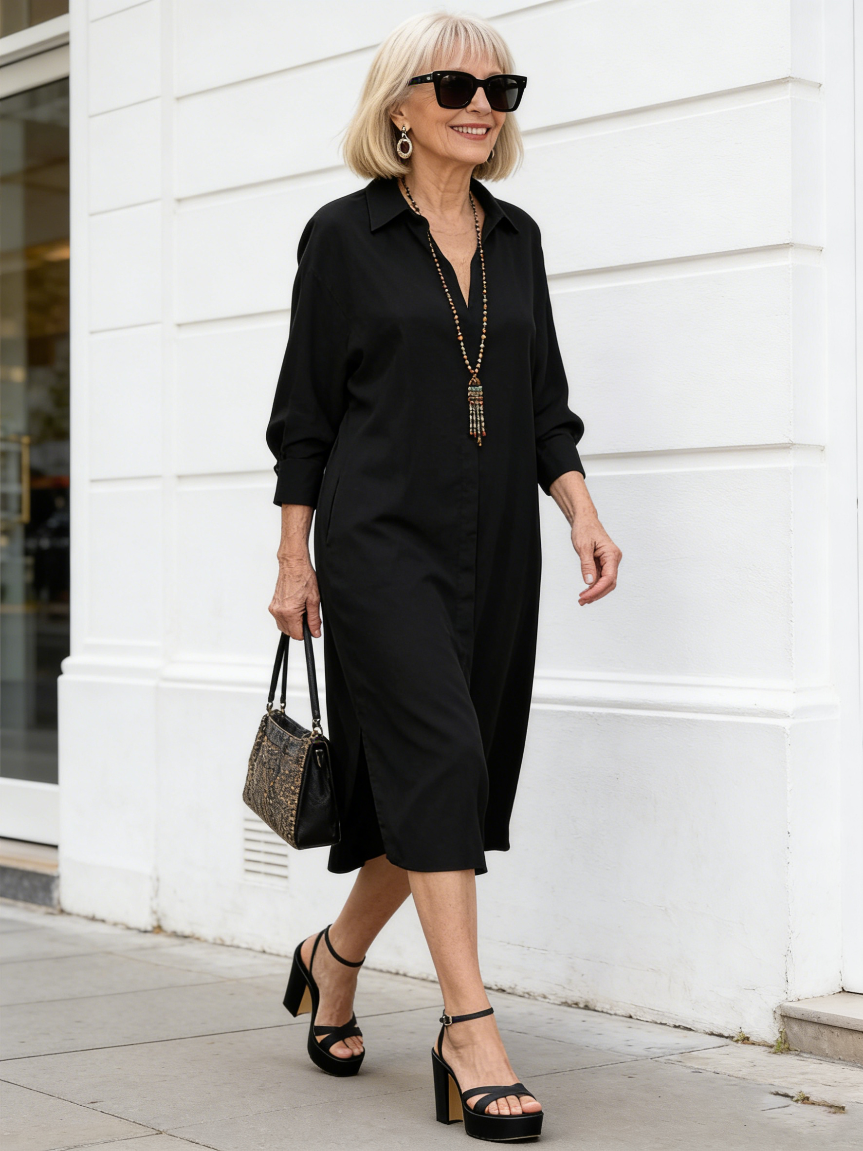 Diligent Lace-up Solid Color Waist Long-sleeved Irregular Shirt Dress Women