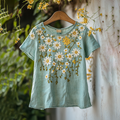 Floral Embroidered Round Neck Linen Blend T-shirt