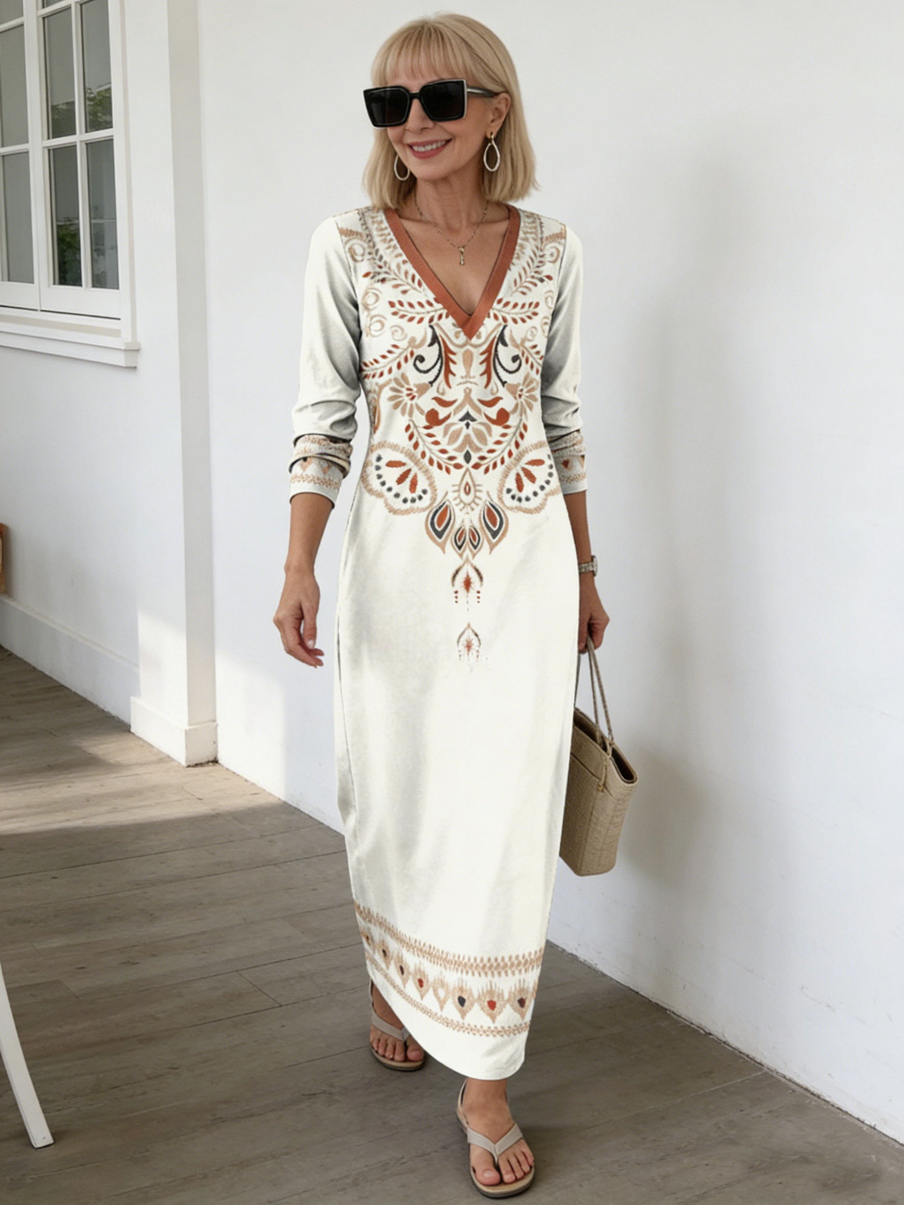 Digital Printing V-neck Long-sleeved Dress