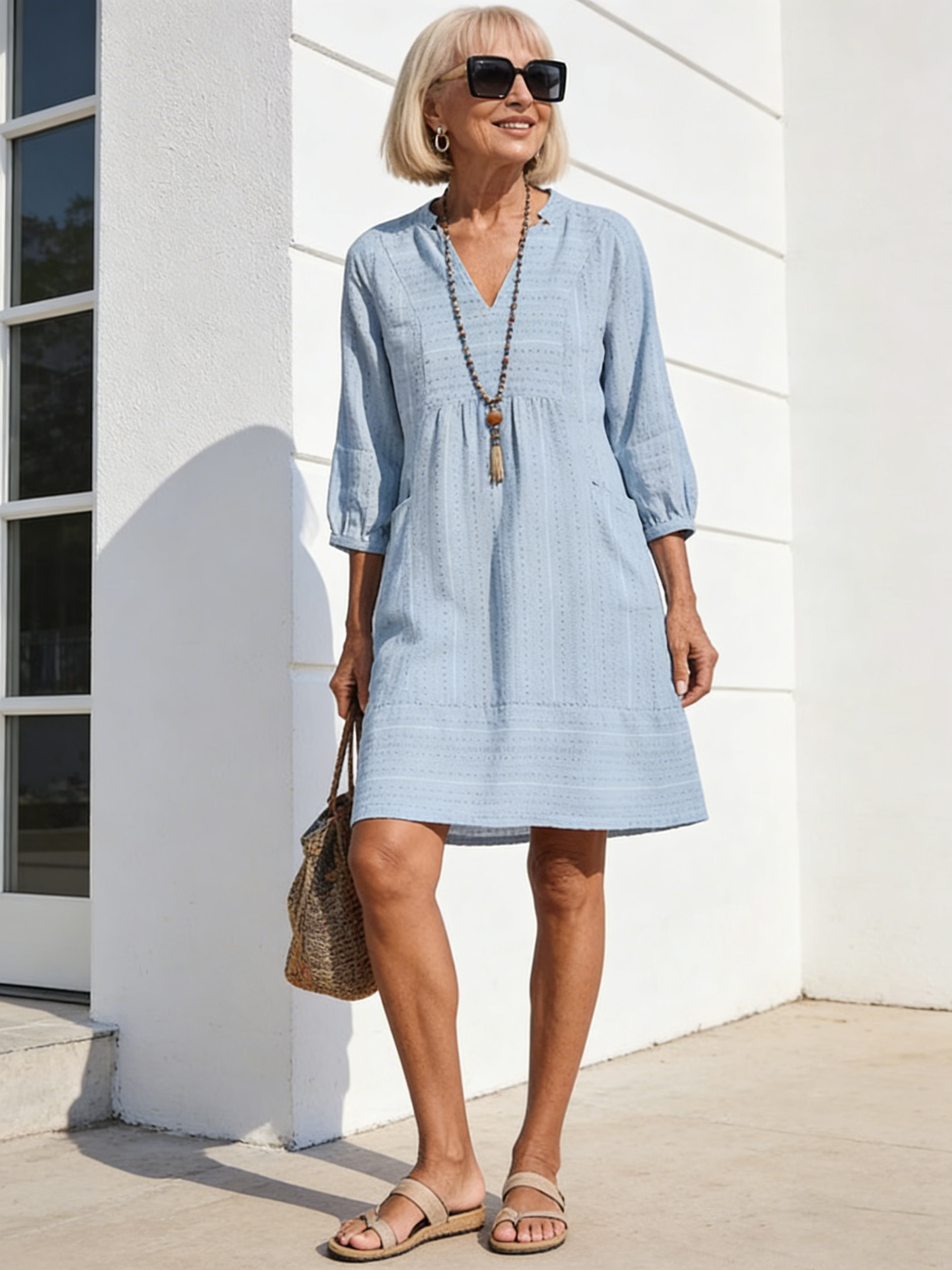 Textured Fabric Jacquard Cotton and Linen Dress Explosive V-Neck Casual Loose Pocket Elegant