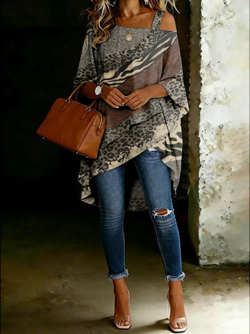 Women's Animal Print Cold Shoulder Asymmetrical Hem Blouse