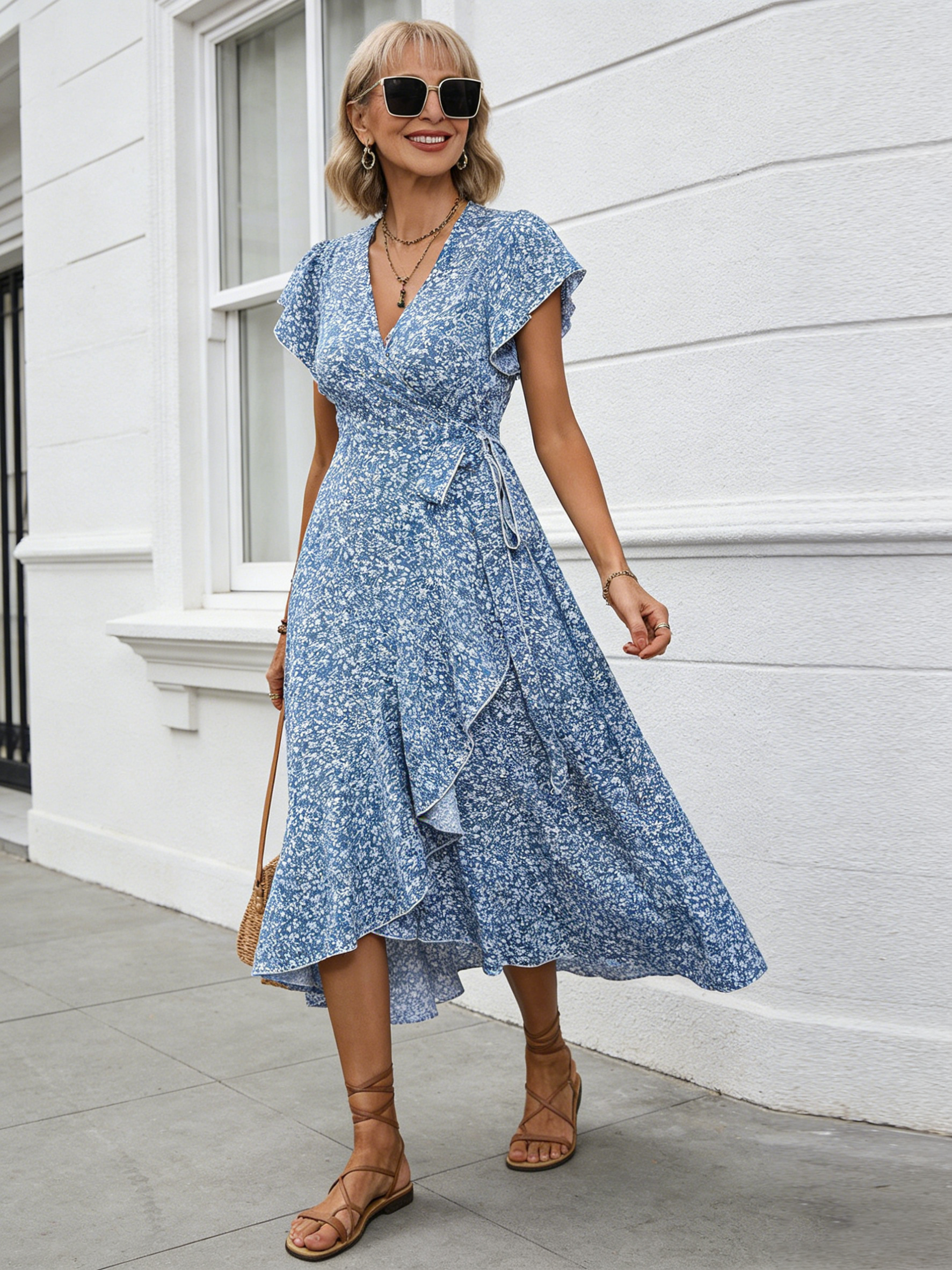 Small Floral V-neck Cardigan Belt Wrap Short Sleeve Bohemian Vacation Dress Women