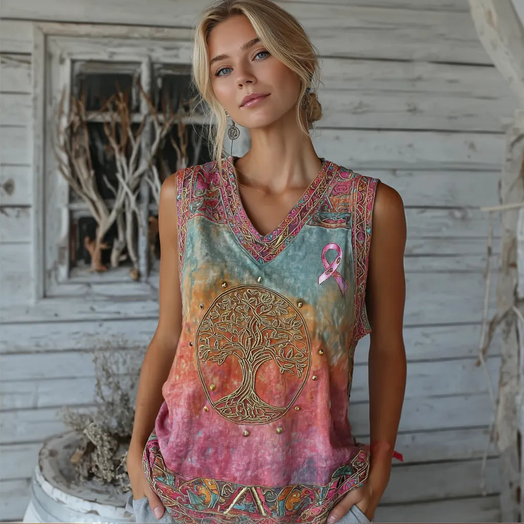 Women's Vintage Cancer Awareness Ribbon And Tree Of Life Gradient V Neck Art Linen Sleeveless Tank Top