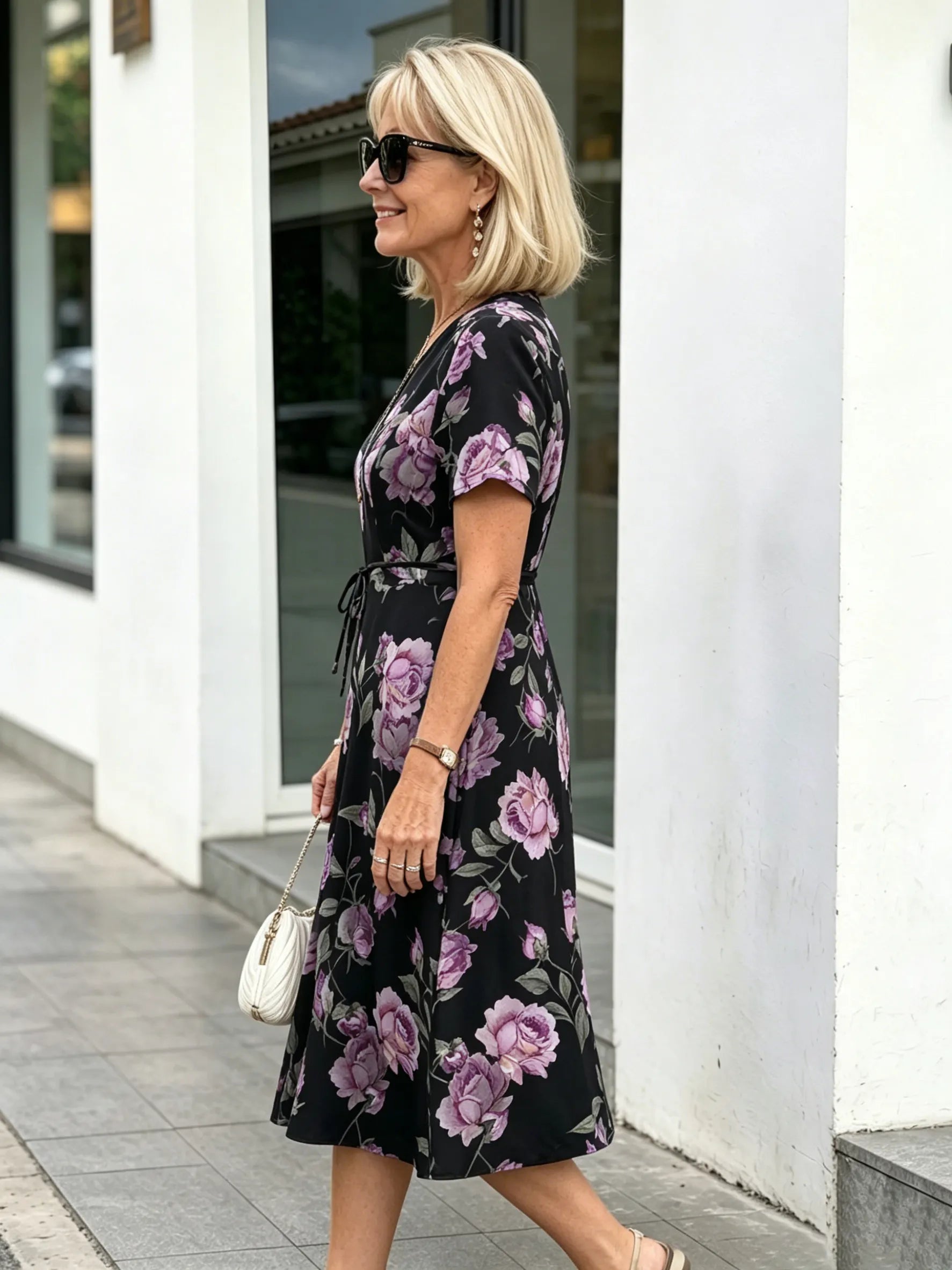 Orange Floral V-Neck Midi Dress, Short Sleeve Elastic Waist Slimming Temperament Long Dress for Mature Women