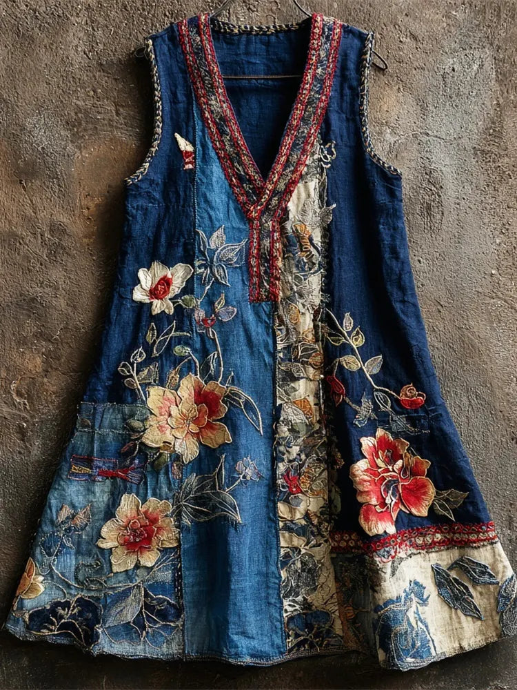Japanese Art Vintage Floral Embroidery Women's Linen V-neck Vest Dress