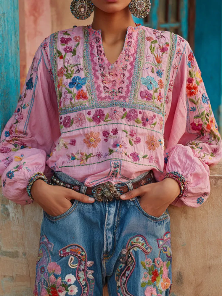 Women's Retro Ethnic Pink Awareness Flower Embroidery Printed Top