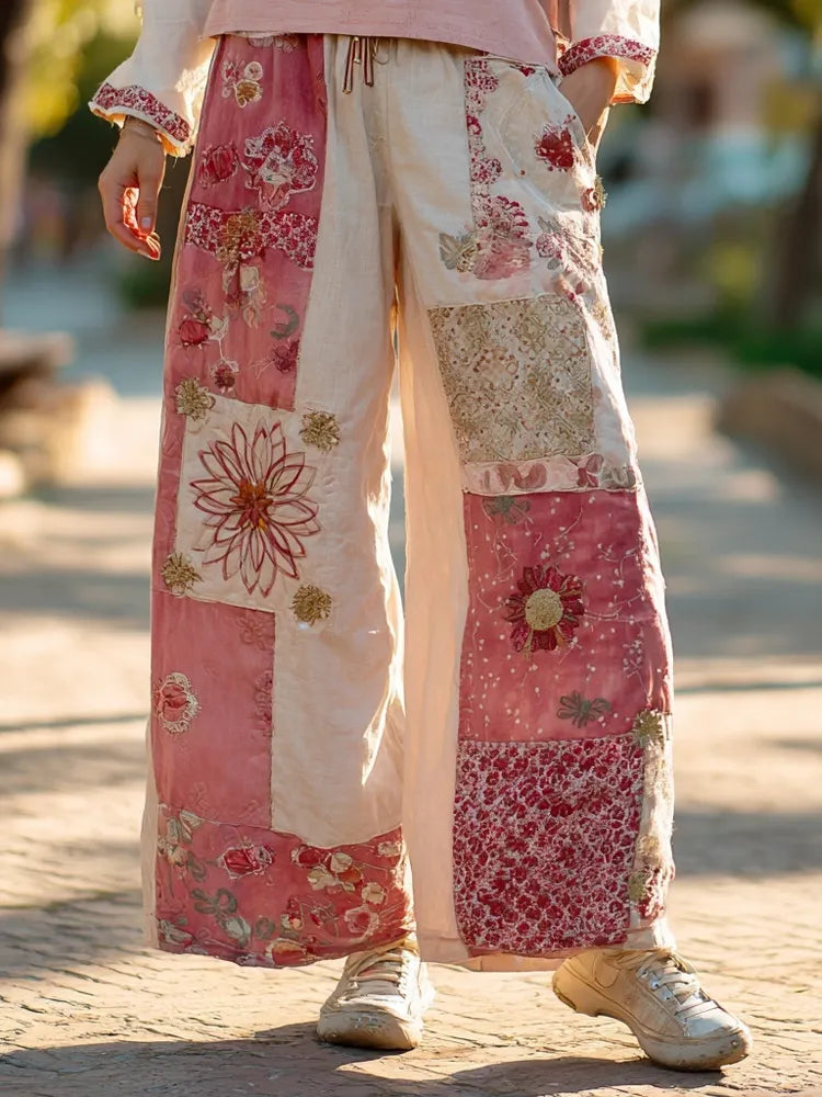 Vintage Boho Floral Embroidered Patchwork Linen Trousers