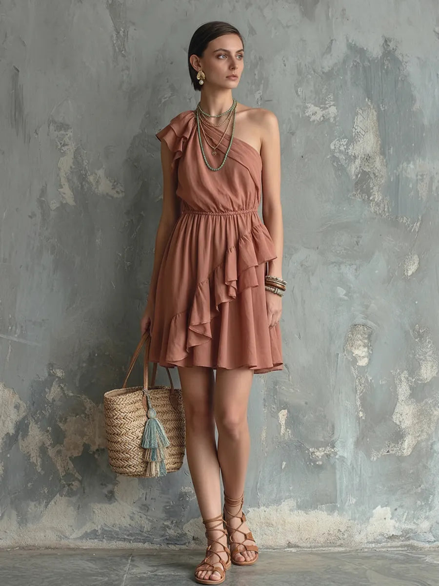 Women's Romantic Pink Cotton Blend One-Shoulder Ruffled Waist-Cinching Short Dress MDZ2272D5GMJ