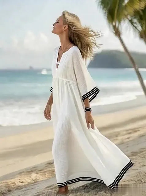 Women's Holiday Stripe Print V-Neck Cotton and Linen Dress