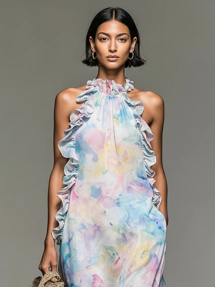 Women's Minimalist Sleeveless Ruffled Ombré Watercolor Print Chiffon Maxi Dress MDZ2314D1Y
