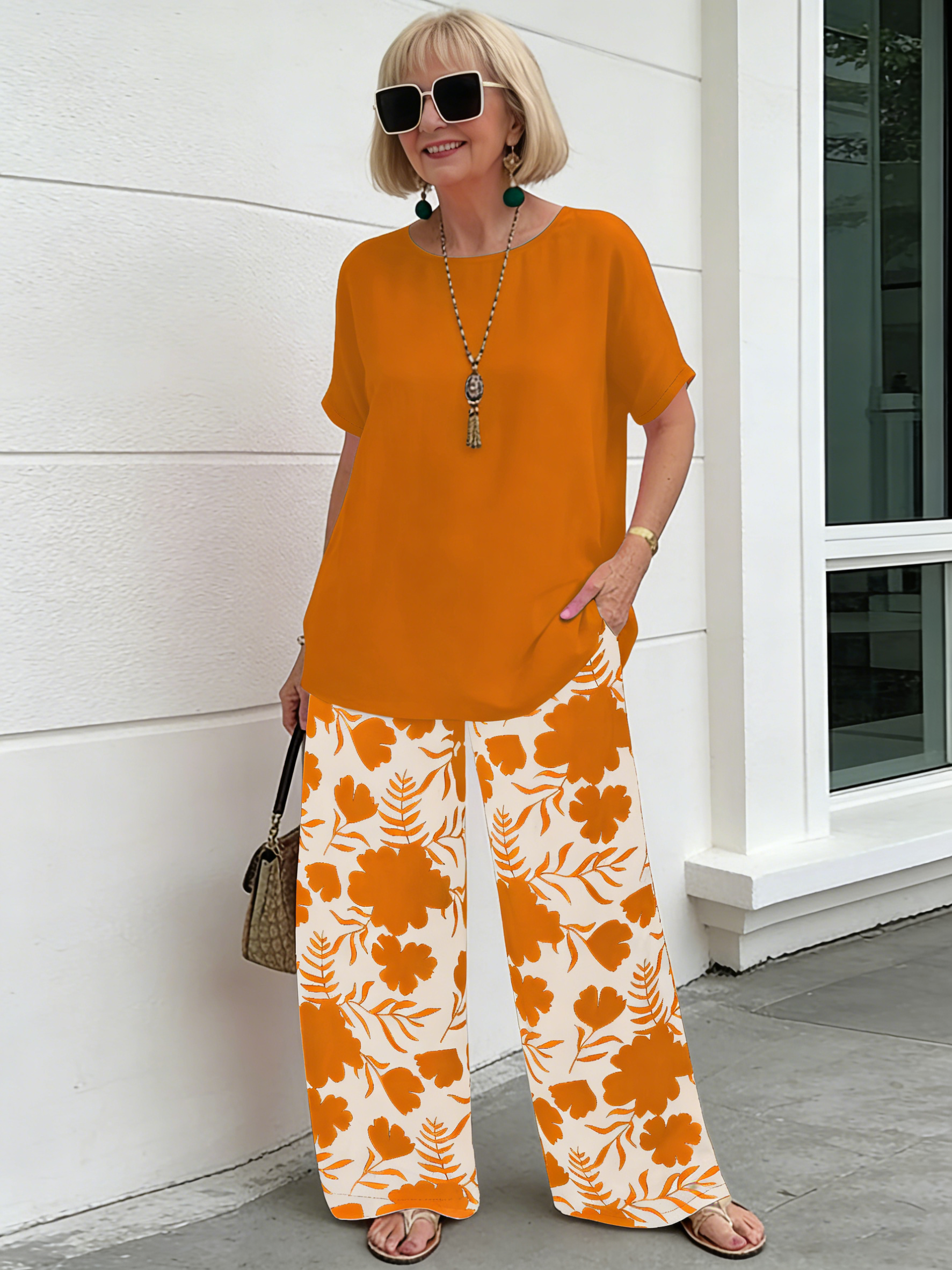 2Pcs Fashion Loose Printed Pants Casual Suit Two Pieces
