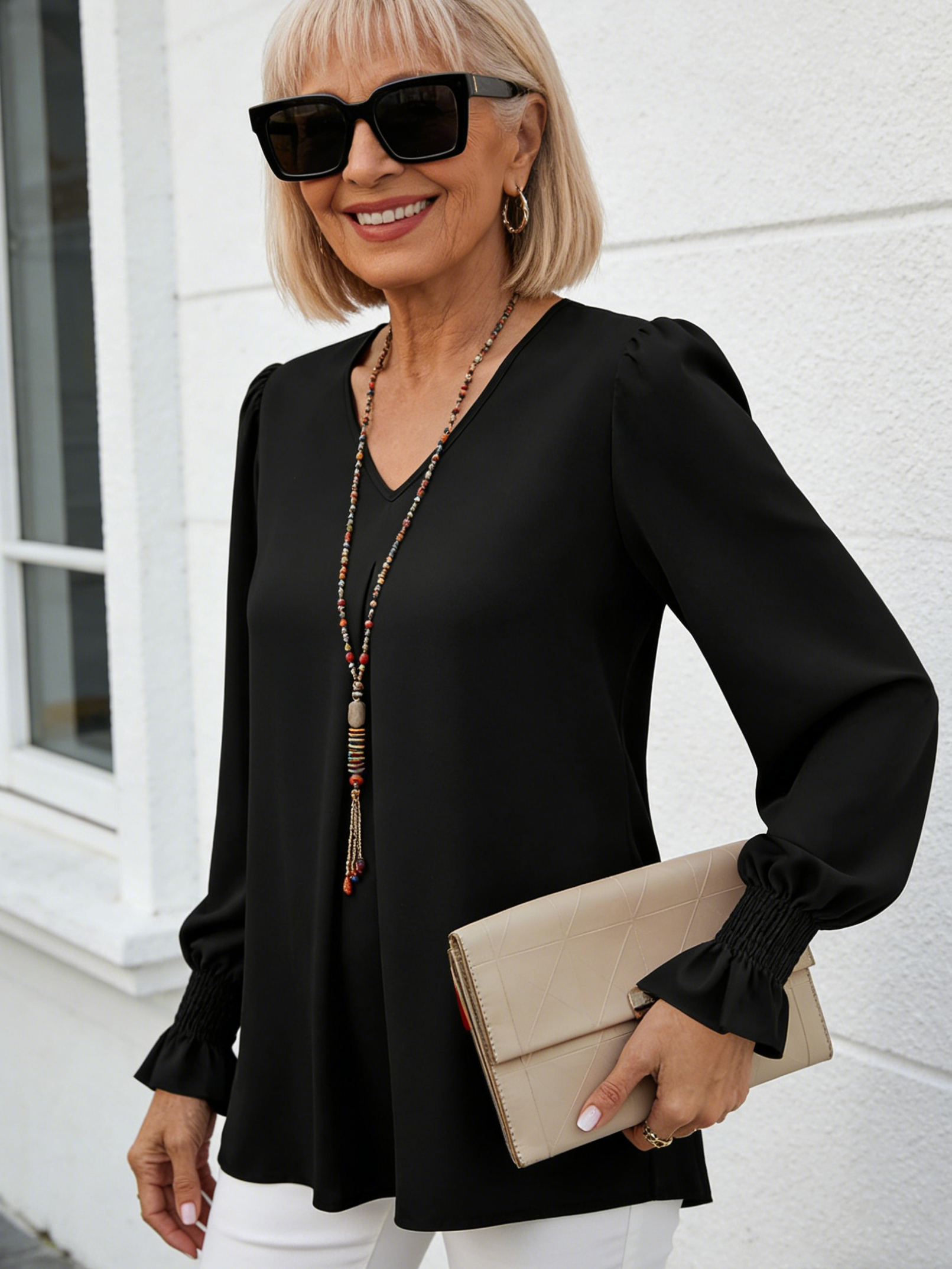Solid Color Chiffon Shirt V-neck Pullover Horn Long-sleeved Top Shirt