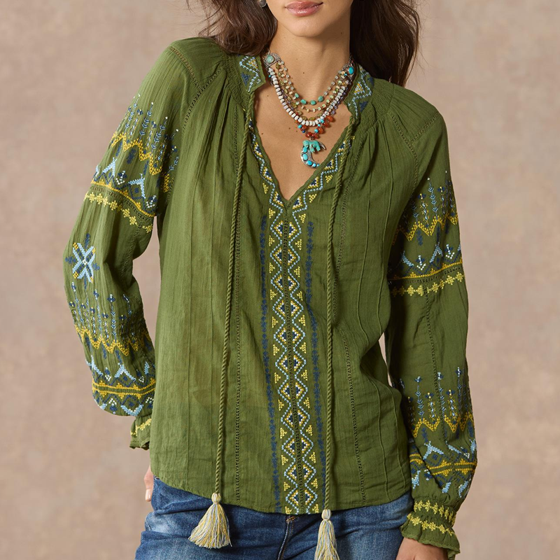 Women's V-neck Ribbon Splicing Retro Flower Embroidery Button Long Sleeved Shirt