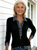 Denim Collar Long Sleeves, Pullover Stitched Knitted Sweater Top