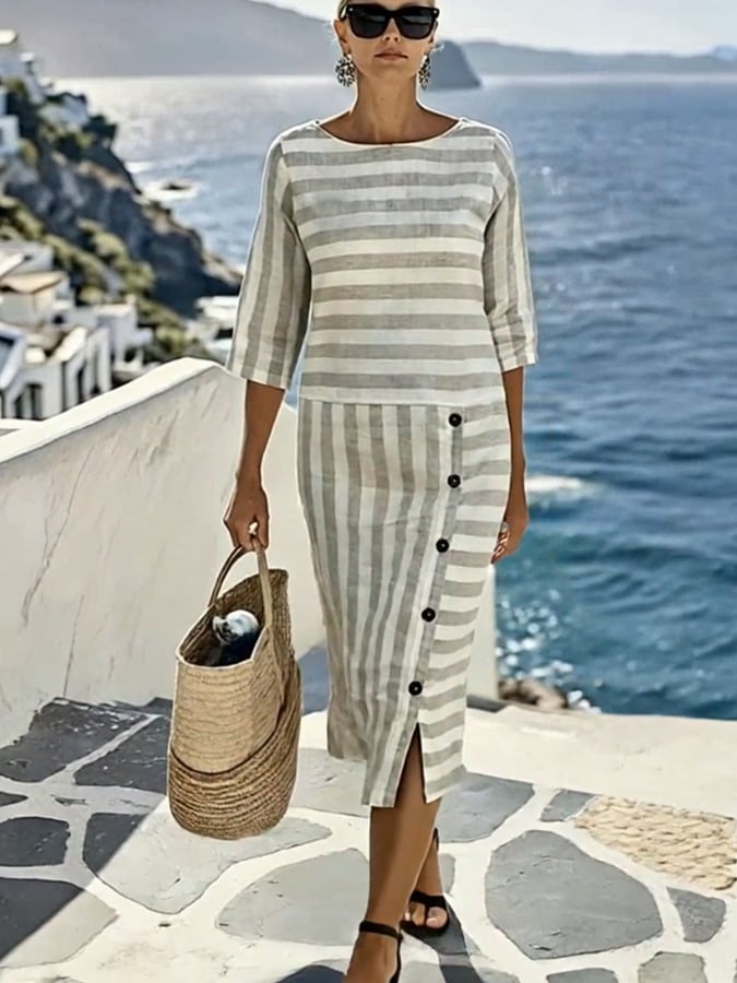 Women'S Casual Color-Block Cotton And Linen Dress
