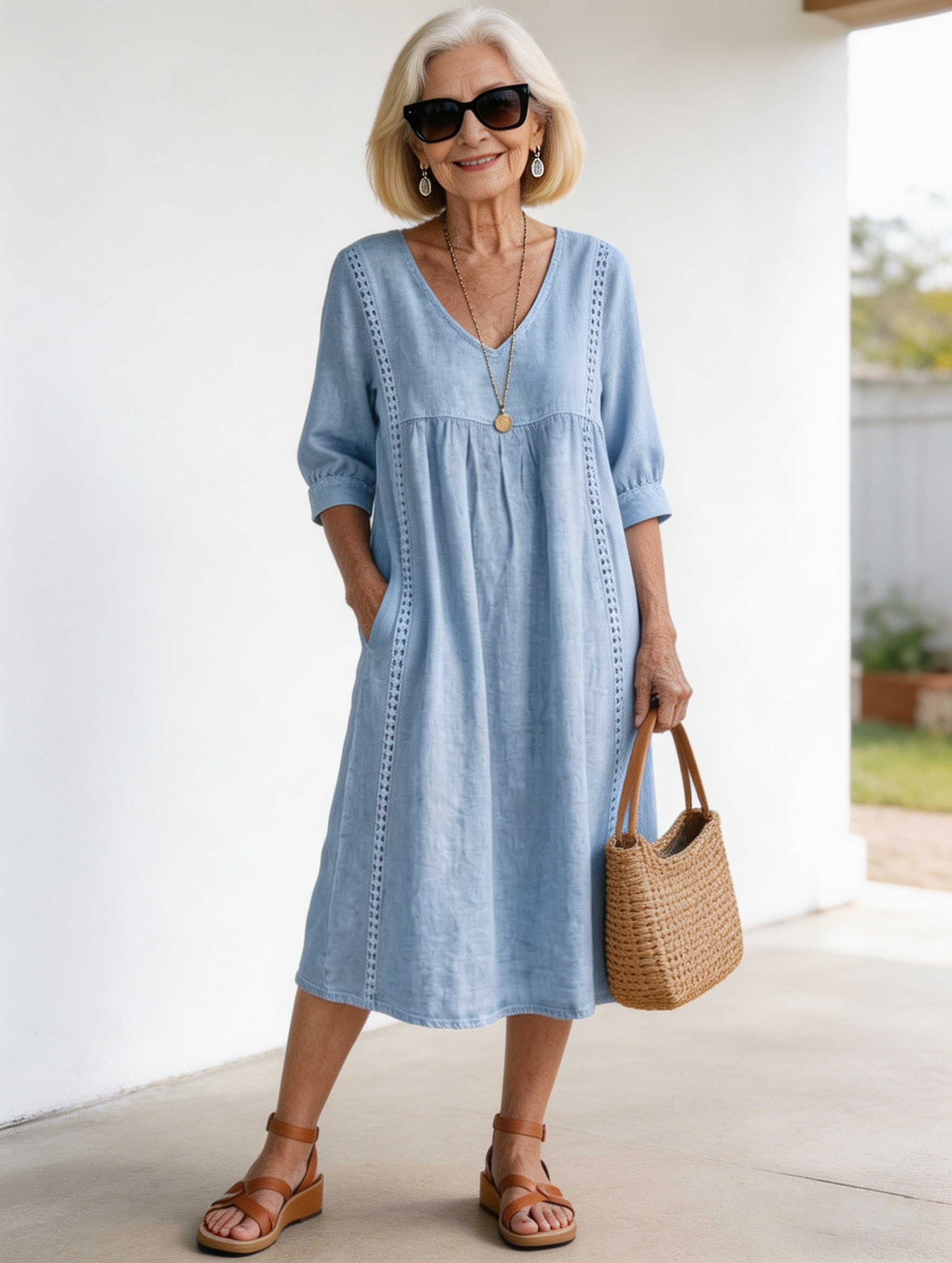 Casual Loose V-neck Splicing Lace Edge Linen Cotton Dress