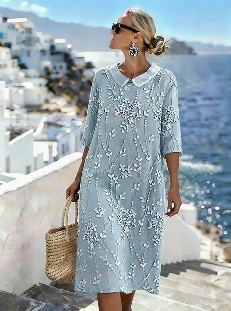 Women'S Casual Color-Block Cotton And Linen Dress