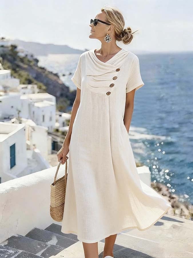 Women'S Casual Solid Color V-Neck Dress With Unique Design.