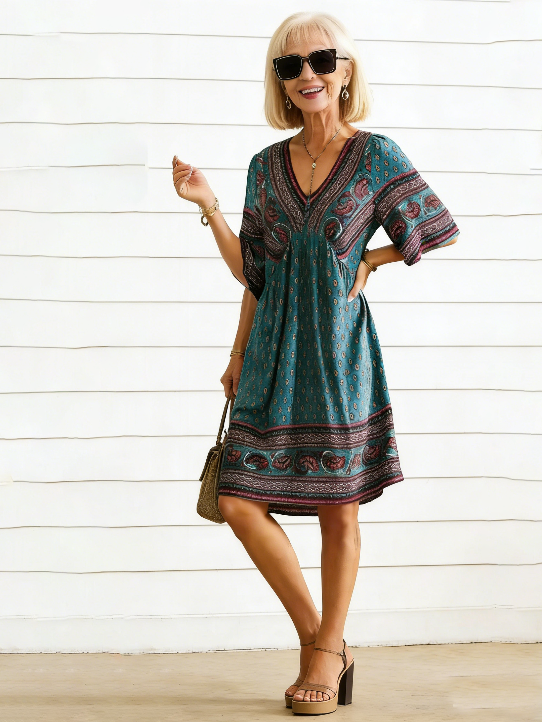 Vacation Deep V Print Casual Ethnic Style Dress