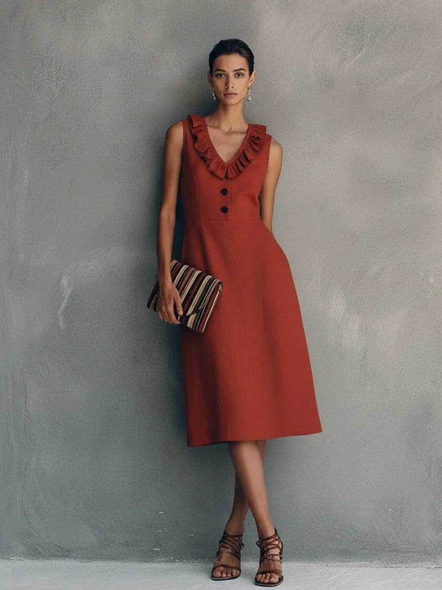 Women's Elegant Red Cotton Linen V-Neck Ruffled Sleeveless Midi Dress With Front Button Design MDZ2413D1GMJ