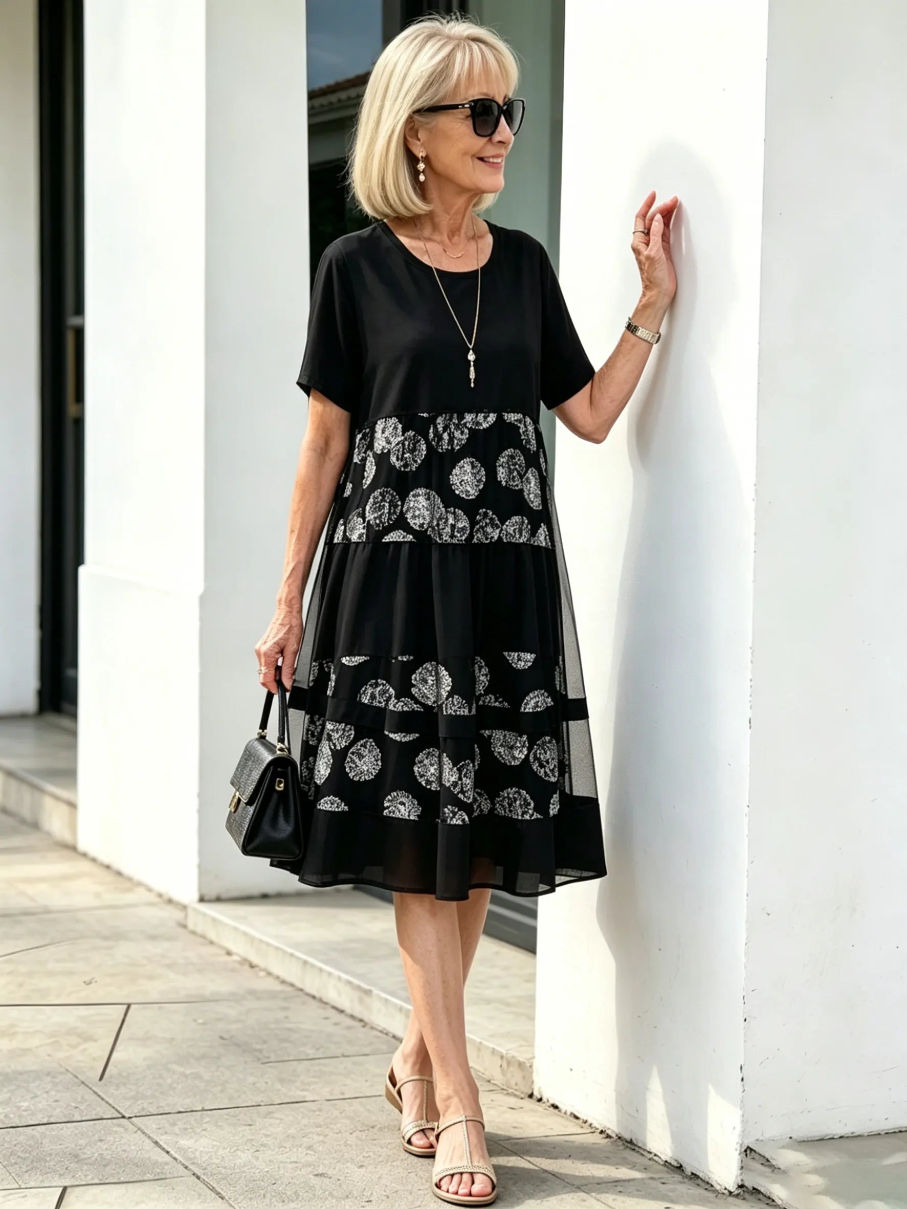Black Polka Dot Fake Two-Piece Tiered Midi Dress, Round Neck Short Sleeve Loose Tummy Concealing Summer Dress for Mature Women