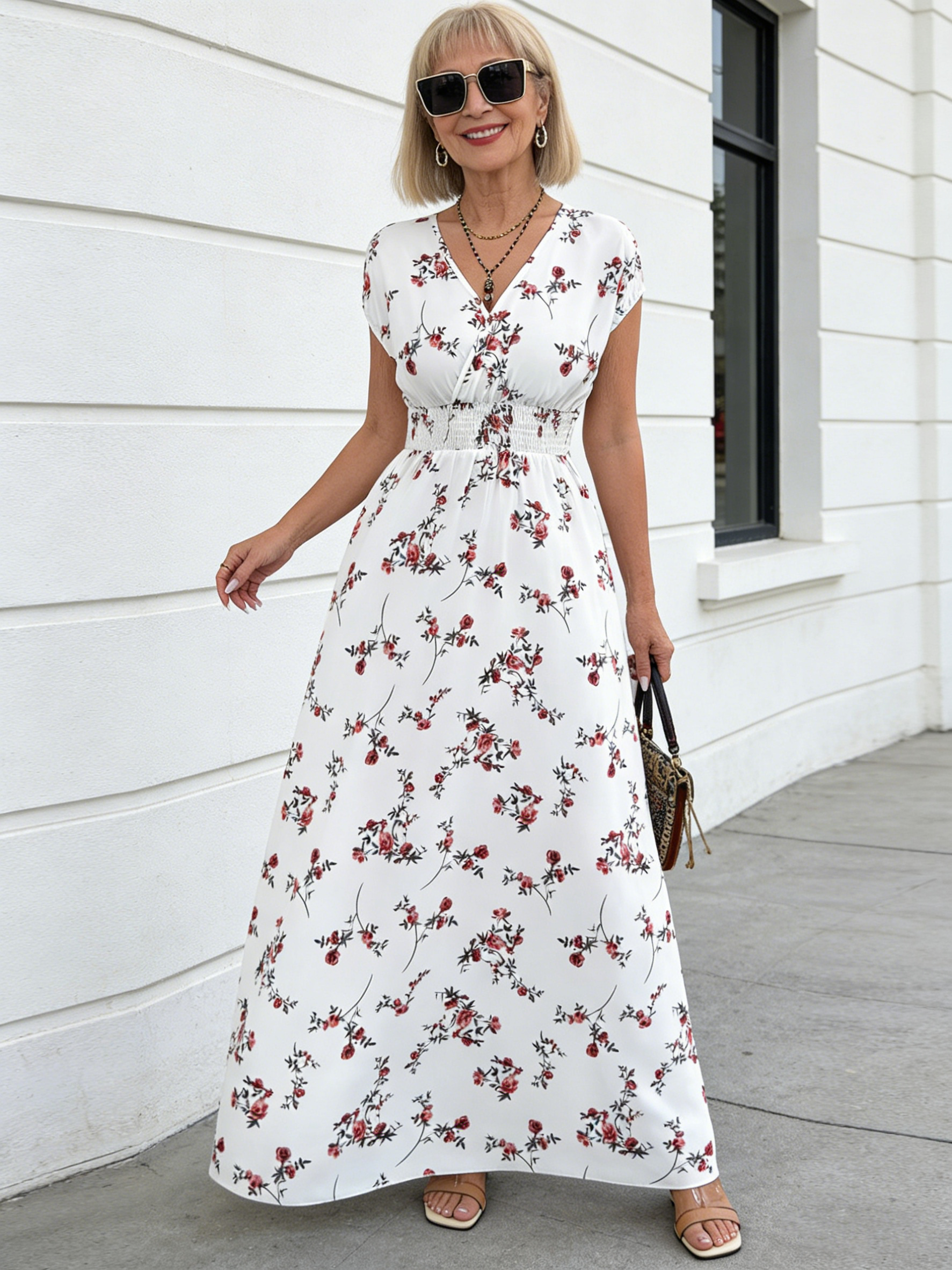 Short Sleeve Lace-Up Dress Printed V-Neck Long Dress Summer Waist Women's Clothing