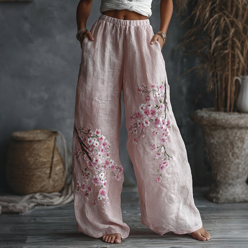 Women's Japanese Floral Pattern Linen Casual Pants