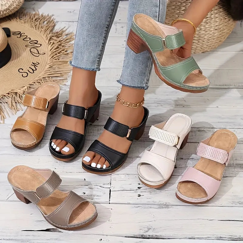 Women's Solid Color Stylish Sandals, Soft Sole Casual Chunky Heel Summer Slides, Double Bands Casual Shoes
