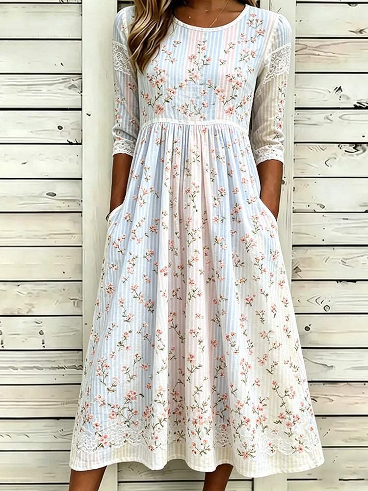 Retro Cherry Blossom Art Embroidery Striped Comfortable Cotton Linen Refreshing Round Neck Dress