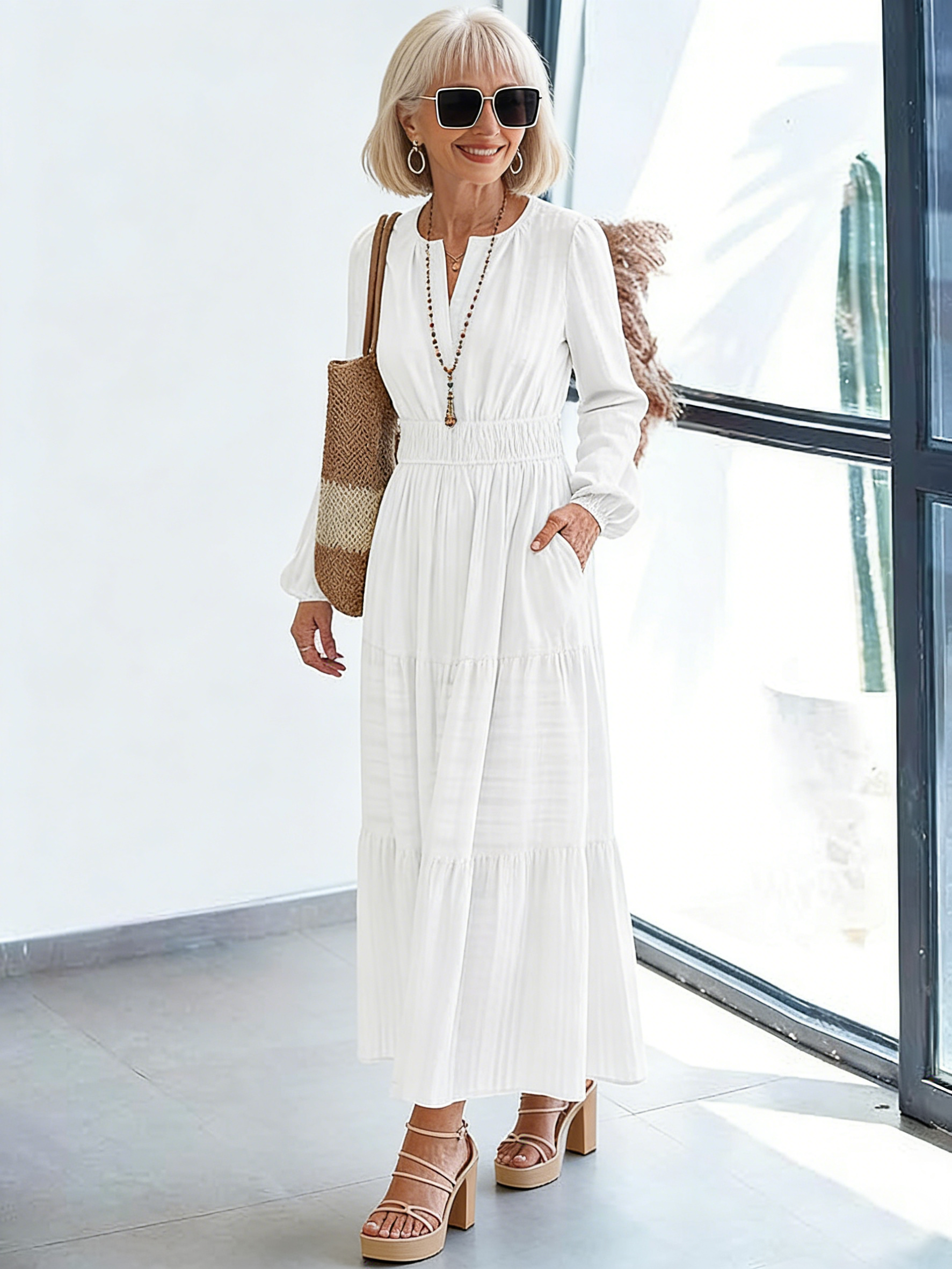V-neck Pleated Waist Long-sleeved Dress