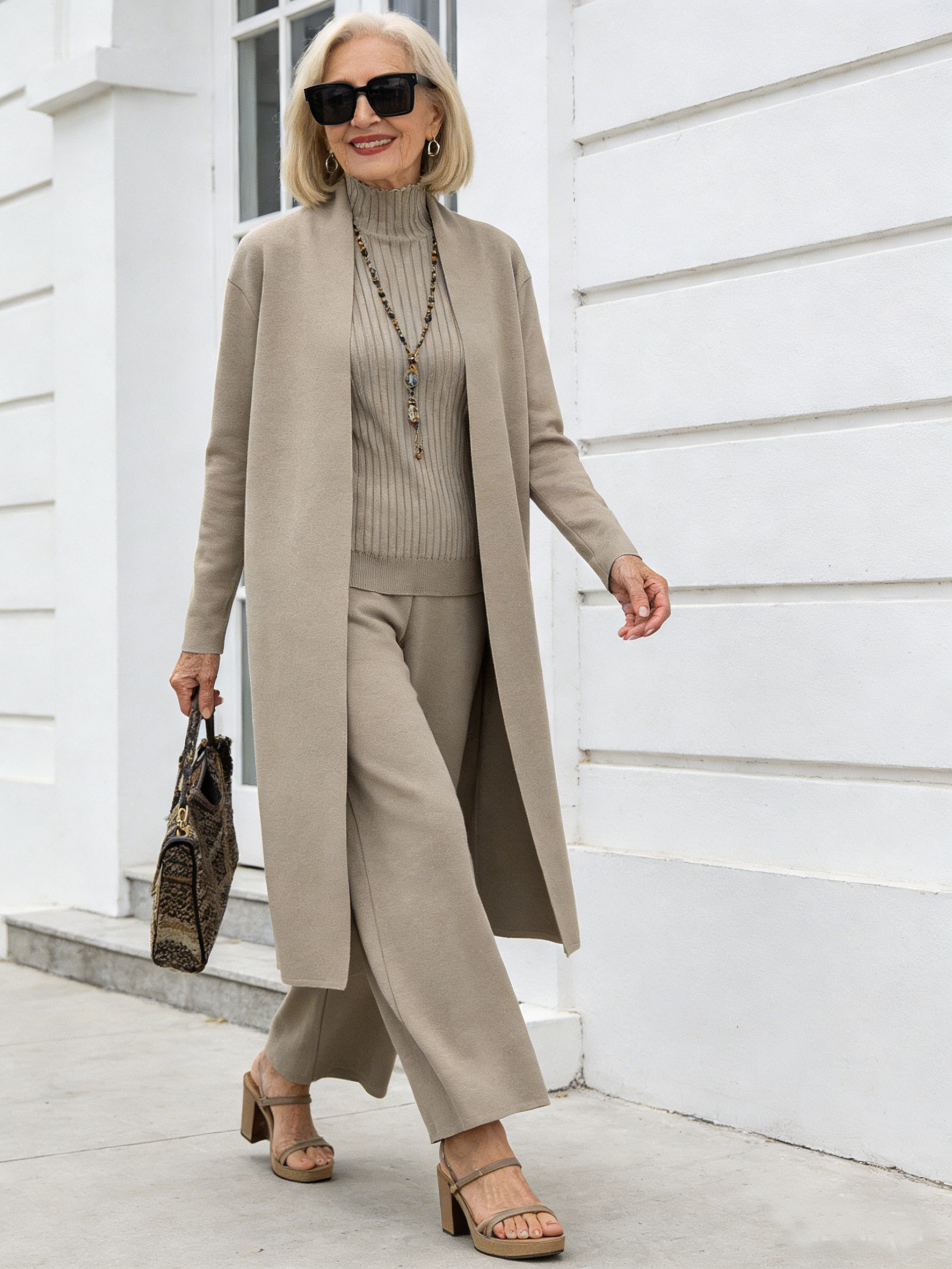 3Pcs Thick Lazy Temperament Knitted Suit Sleeveless Vest Sweater Cardigan Pants Three-piece Set