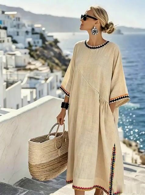 Women'S Casual Color-Block Cotton And Linen Dress