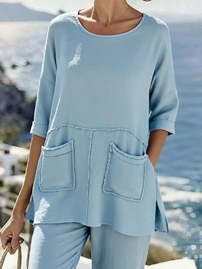 Women'S Casual Solid Color Top And Pants Set With Side Slits.