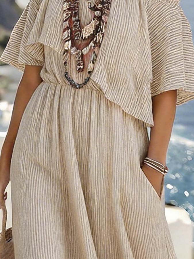 Women'S Casual Striped Off-Shoulder Dress