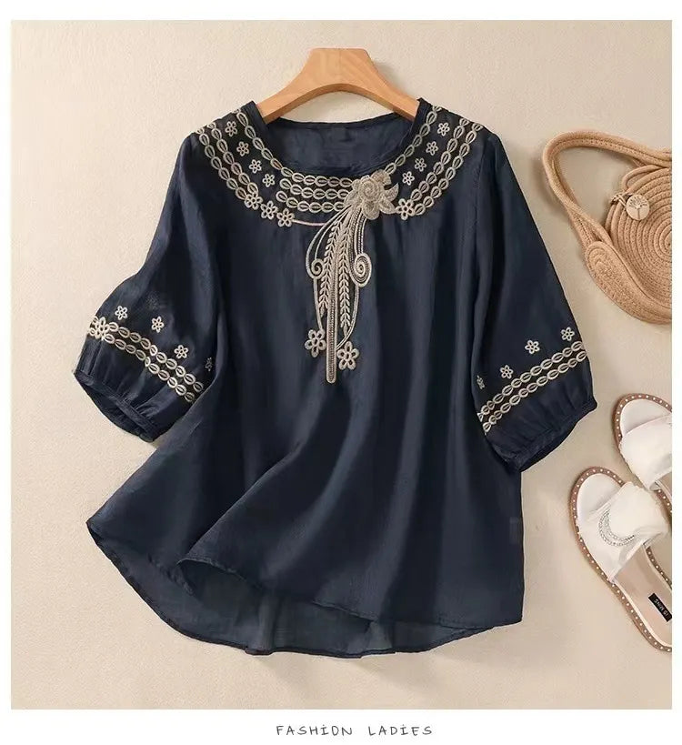 Cotton and Linen Embroidered Shirt with Seven-quarter Sleeves, Thin Temperament, Loose and Versatile Pullover Top