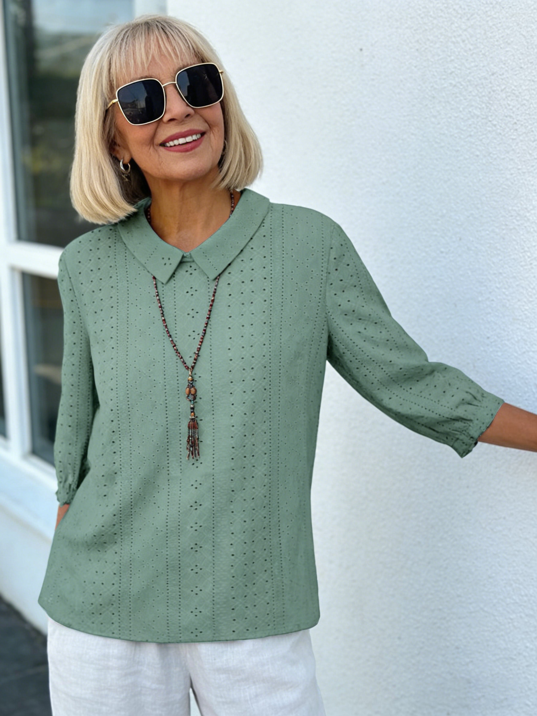 Lapel Solid Color Loose Seven-quarter Sleeve Top Women