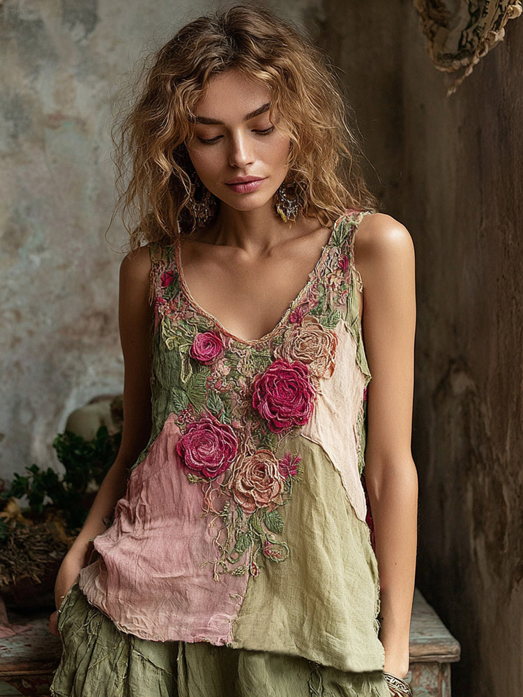 Women's Rose Embroidery Patchwork Print V-neck Tank Top